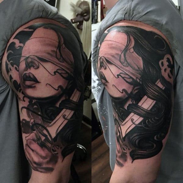 Man With Lady Justice Half Sleeve Tattoo