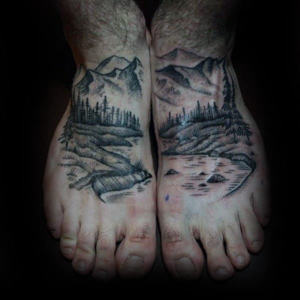 Man With Landscape Tattoos On Both Feet