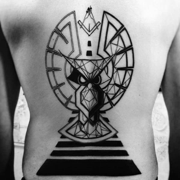 Man With Large Geometric Owl Full Back Tattoo