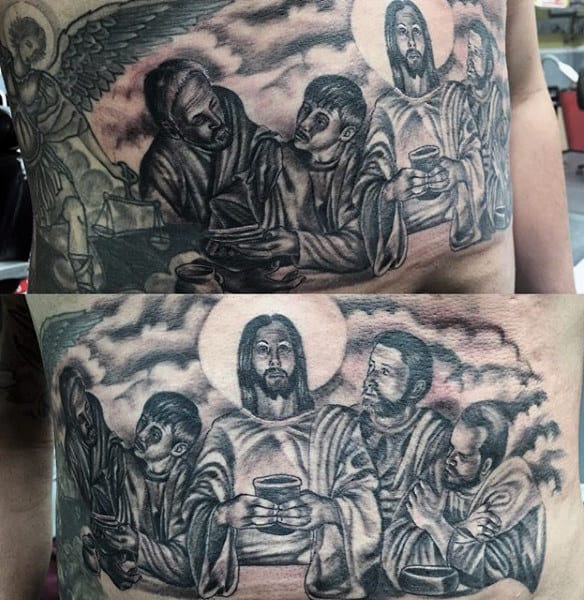 Man With Last Supper Cloud Holy Tattoo Design