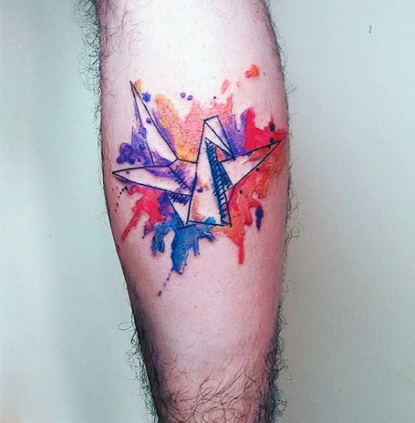 Man With Leg Calf Watercolor Tattoo Of Origami Bird