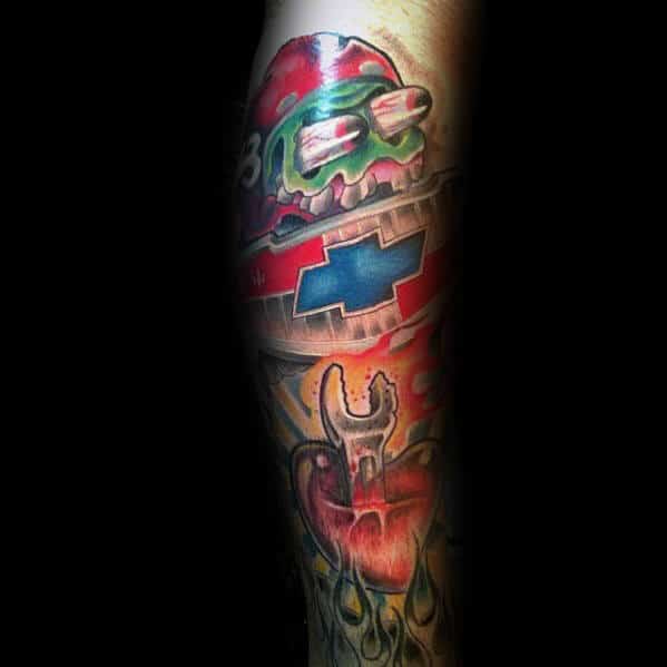 Man With Leg Sleeve Chevy Themed Tattoo Design