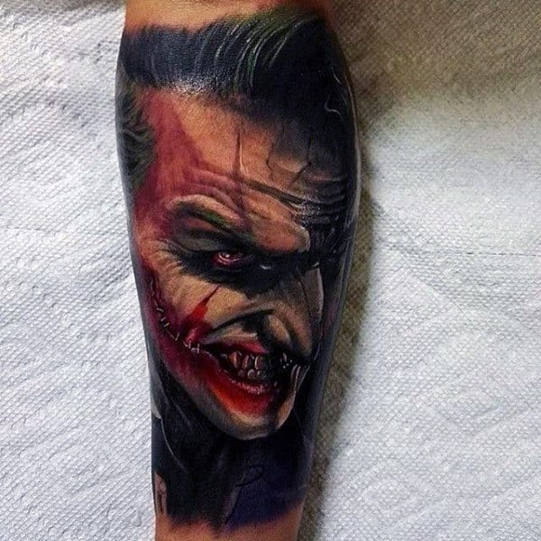 Man With Leg Sleeve Tattoo Of 3d Joker