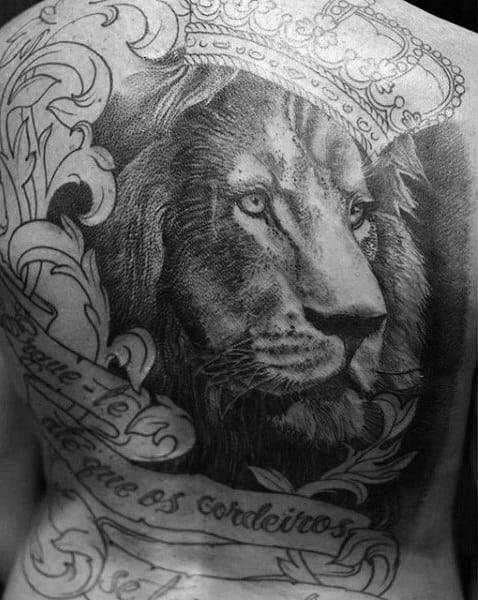 Man With Lion Crown And Banner Back Tattoo Design