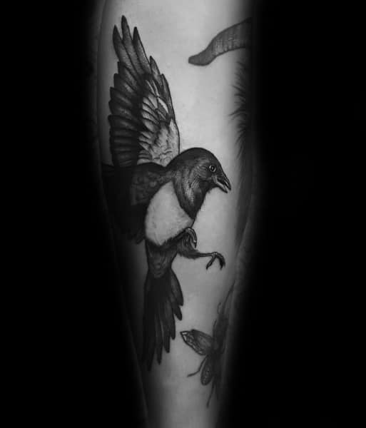 Black and gray magpie tattoo on forearm, featuring the bird in mid-flight with intricate shading and detailed feathers for a bold, dynamic look.