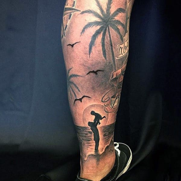 Man With Man And Boy Silhouette At Sunset Calf Tattoo