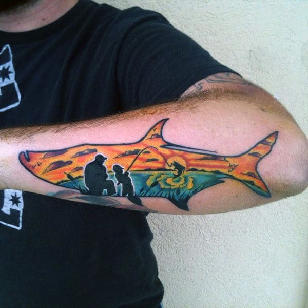 Man With Man And Boy Sunset Fishing Surrounded By Shark Forearm Tattoo