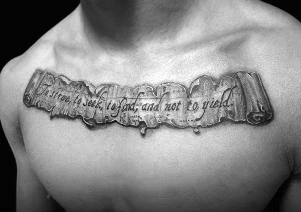 Man With Map Scroll Quote Upper Chest Tattoos