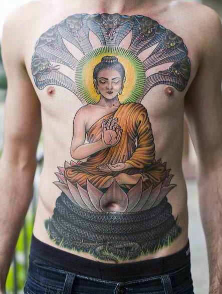 Man With Mediating Buddha And Snake Tattoo On Front