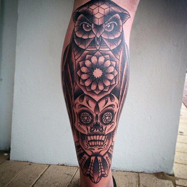 Man With Mexican Sugar Skull Tattoos Leg Sleeve