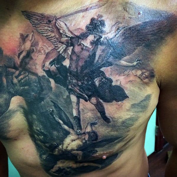 Man With Micheal Archangel Tattoos On Chest