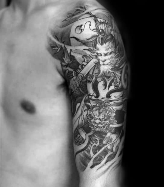 Man With Monkey King Half Sleeve Shaded Black And Grey Tattoo Design
