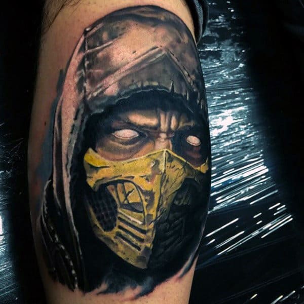 Man With Mortal Kombat Watercolor Tattoo Of Scorpion On Leg Calfs