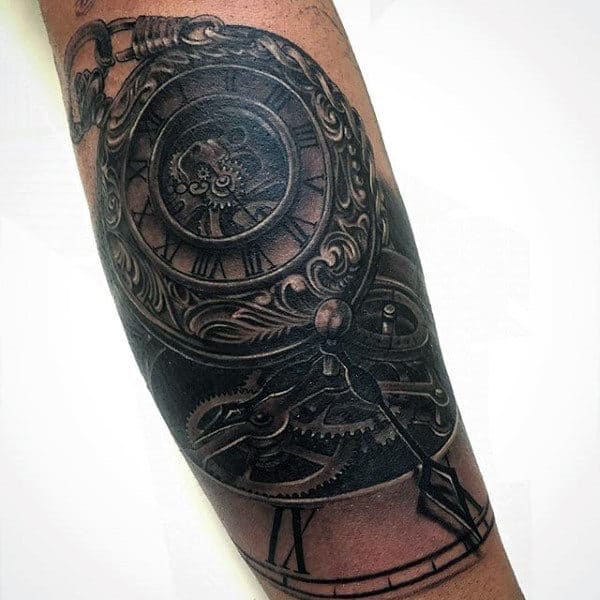 Man With Muted Grey Pocket Watch Tattoo On Forearms
