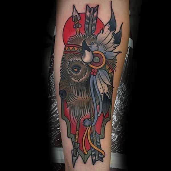 Man With Native American Indian Bison Inner Forearm Tattoo
