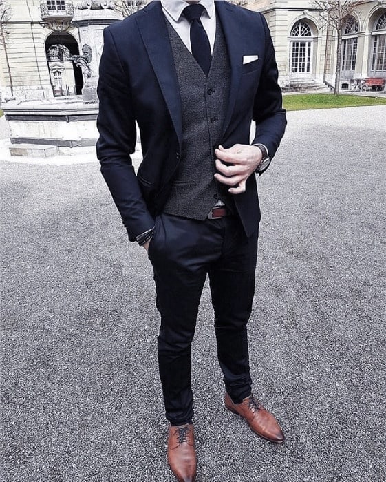 Man With Navy Blue Suit Brown Shoes Fashionable Style Look