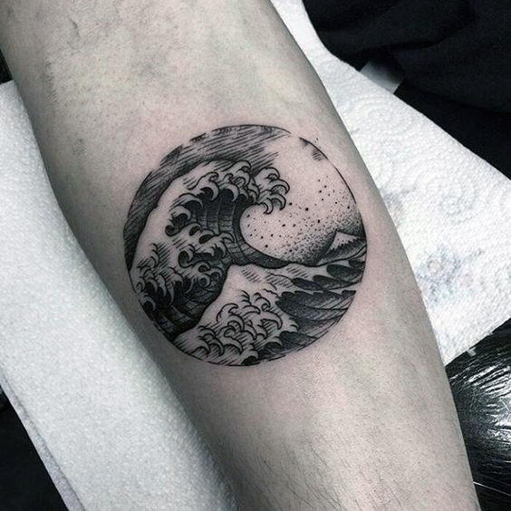 Man With Ocean Waves Dotwork Circle Forearm Tattoo