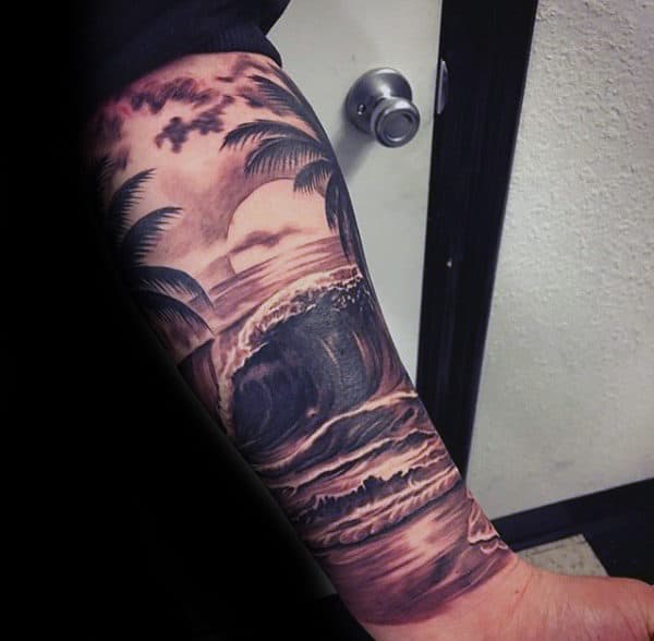 Man With Ocean Waves Realistic Amazing Forearm Sleeve Tattoo