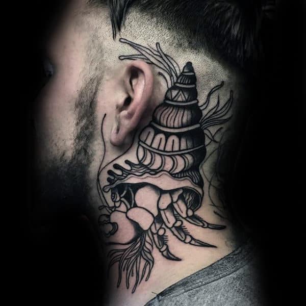 Man With Old School Neck Tattoo Of Seashell