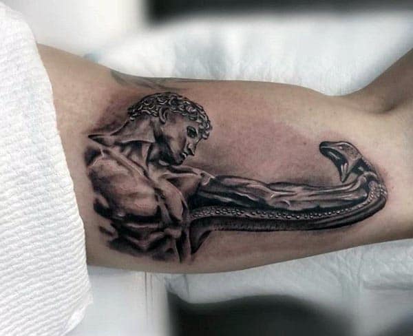 Black and grey tattoo of a muscular statue-like man with an arm transforming into a serpent, featuring detailed shading and realism
