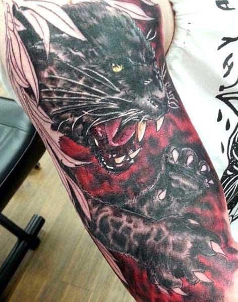 Man With Panther Tattoo Sleeve In Red Ink