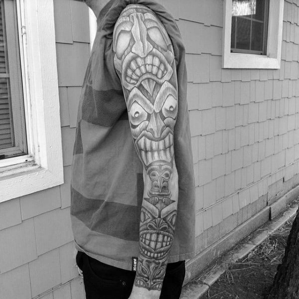 Man With Pencil Shaded Style Full Sleeve Totem Pole Tattoo