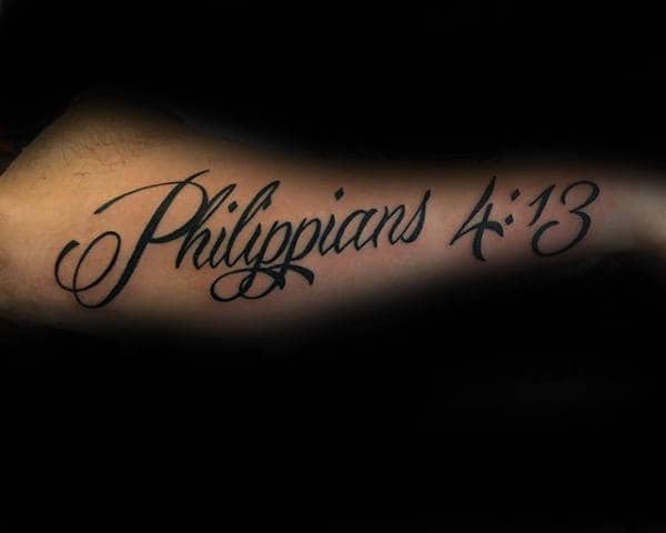 Man With Philippians 4 13 Black Ink Lettering Arm Tattoo Design