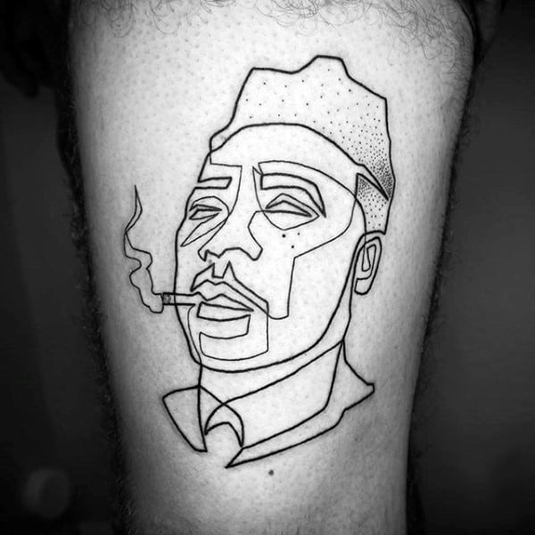 Man With Pipe Single Mens Line Tattoo