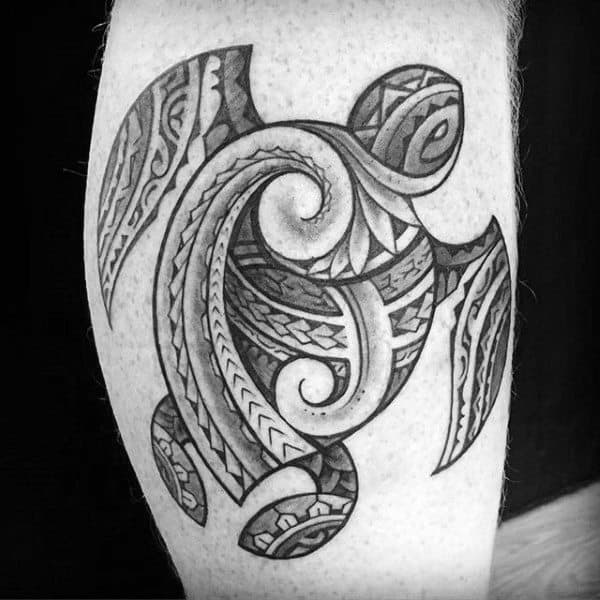Man With Polynesian Tribal Turtle Lower Leg Tattoo Design