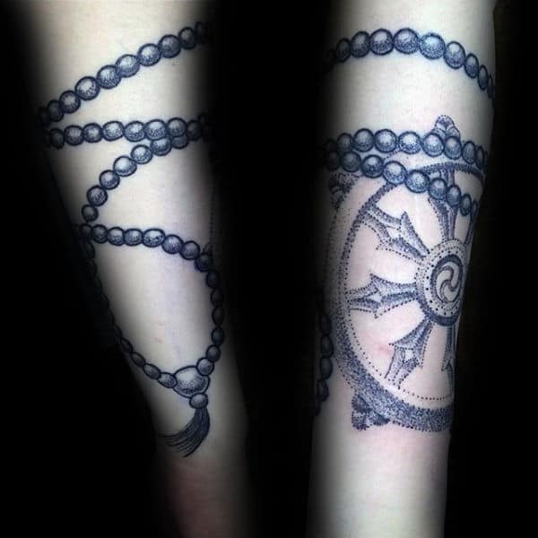 Man With Prayer Beads Dharma Wheel Forearm Tattoos