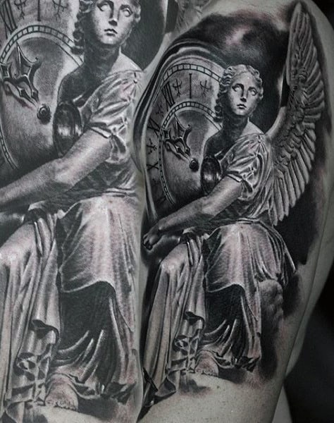 Man With Pretty Guardian Angle And Roman Numeral Clock Tattoo On Arms