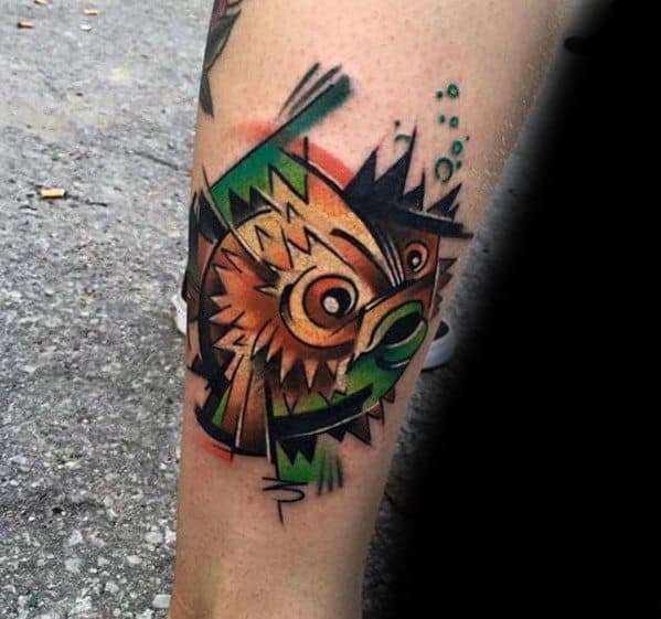 Abstract pufferfish tattoo with bold geometric shapes, sharp angles, and vibrant colors, creating a modern and edgy artistic style.