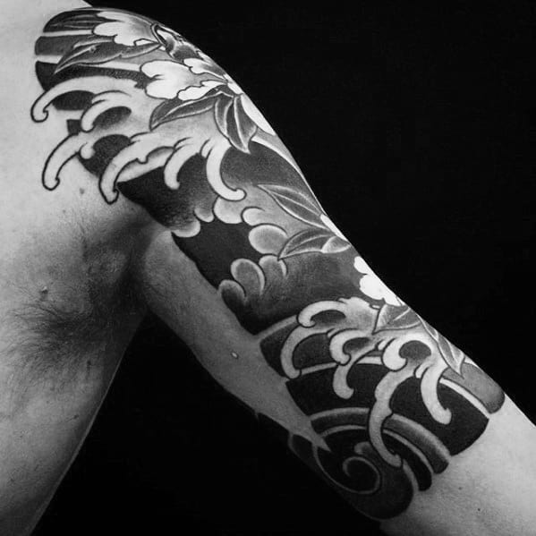 Man With Quarter Sleeve Traditional Japanese Water Wave Tattoo Design