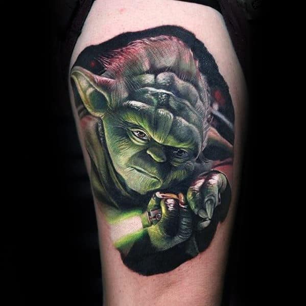 Man With Realistic 3d Yoda Glowing Green Light Saber Thigh Tattoos