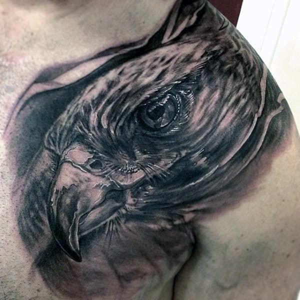 Man With Realistic Hawk Head Tattoo On Shoulder