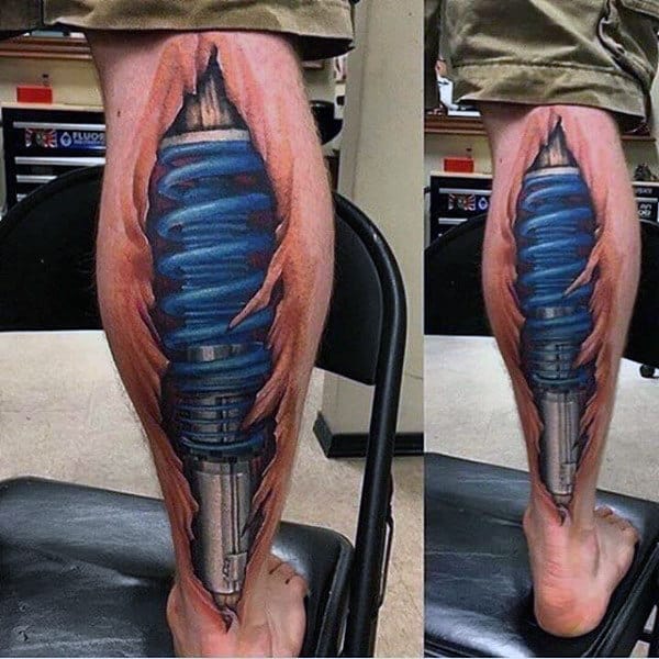 Man With Realistic Ripped Skin Motocross 3d Tattoo On Leg