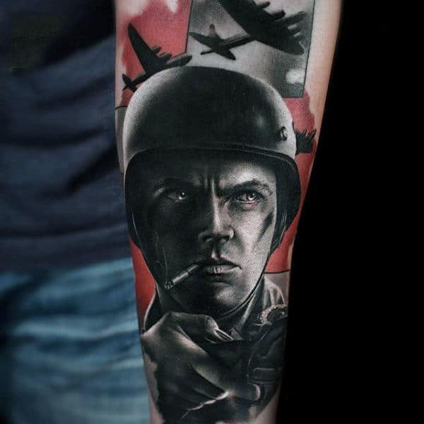 Man With Realistic Solider Army Forearm Tattoo