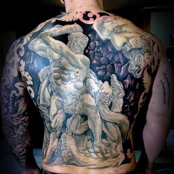 Man With Realistic White Stoned Greek Gods Tattoo Full Back