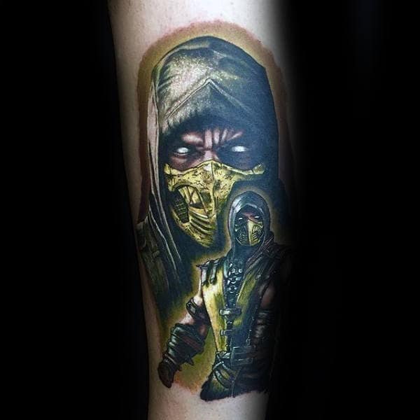 Man With Realistic Yellow Ink Mortal Kombat Tattoo Of Scorpion