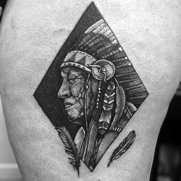 Man With Red Indian Portrait And Feather Tattoo On Upper Arms