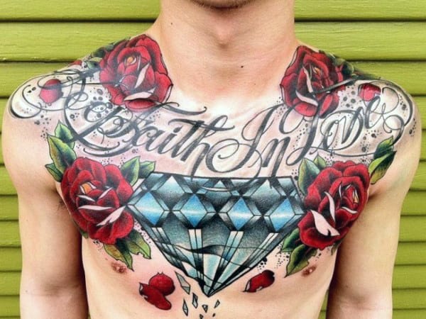 Man With Red Roses And Large Broken Diamond Chest Tattoo
