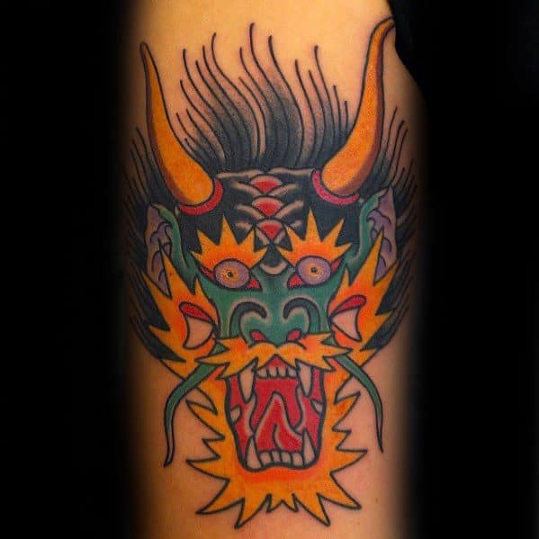 Man With Retro Traditional Dragon Arm Tattoo