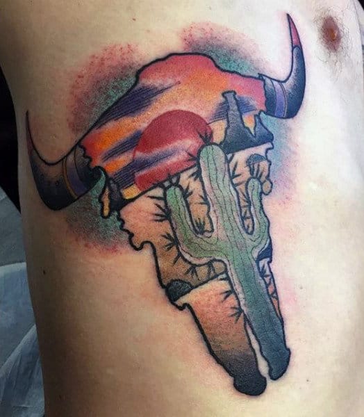 Man With Rib Cage Side Cactus Inside Bull Tattoo Design
