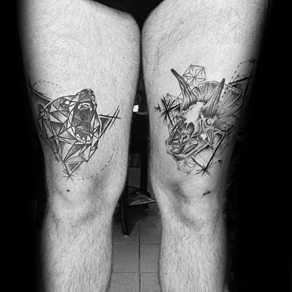 Man With Roaring Geometric Bear Thigh Tattoo