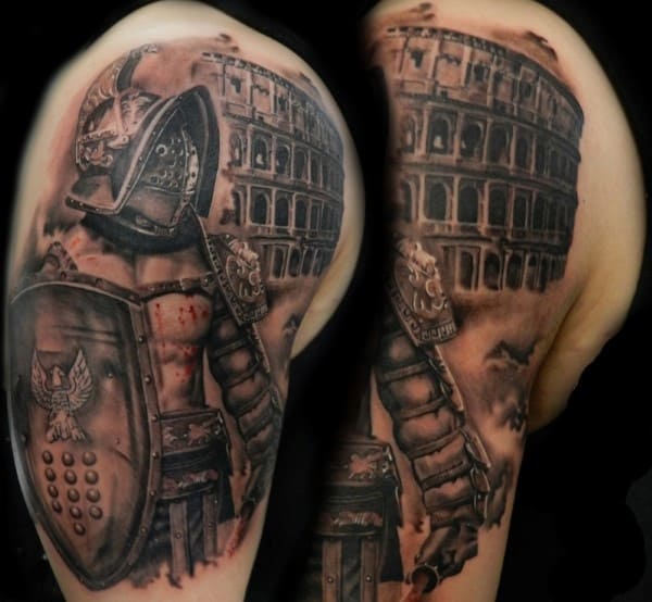Tattoo of a formidable Roman gladiator in armor and shield, standing resolutely before the iconic Colosseum