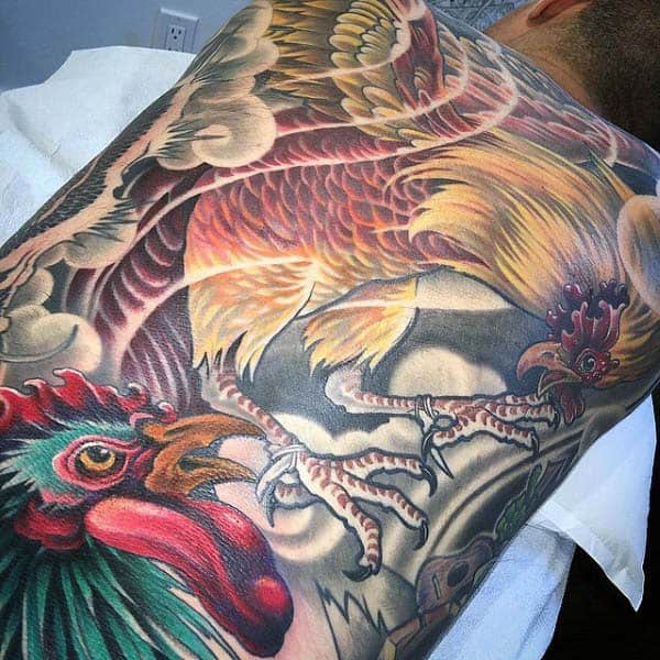 Man With Rooster Tattoo On Full Back In Color