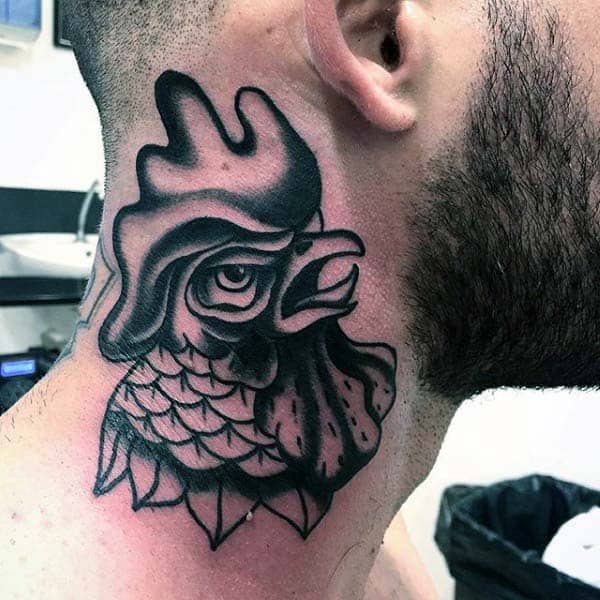 Man With Rooster Tattoo On Neck In Simple Black Work