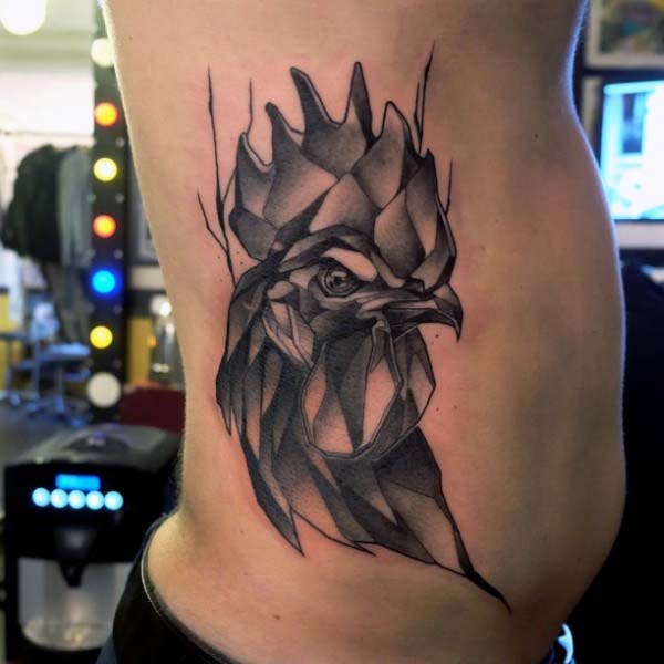 Man With Rooster Tattoo On Side In Modern Style With Black Ink