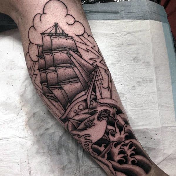 Man With Sailor Jerry Style Hammerhead Shark Leg Tattoo
