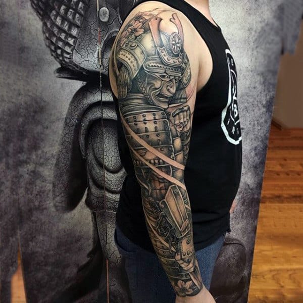 Man With Samurai In Full Armor Full Sleeve Shaded Tattoo